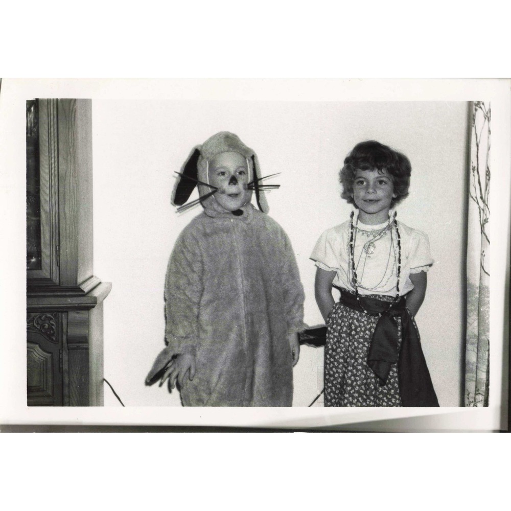 Found Photo B&W Snapshot Children Halloween Costumes Bunny Suit 1950s-60s